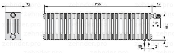 Схема (чертеж) Радиатор Zehnder Charleston 5019/25 №V002 Белый глянцевый RAL 9016
